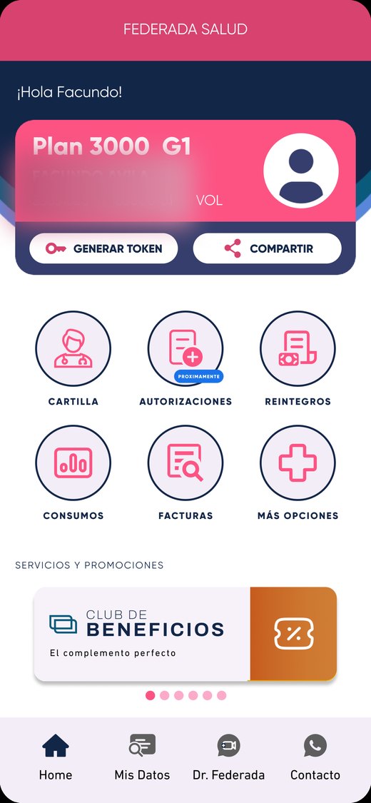 Pantalla principal de la app Federada Asociados rediseñada